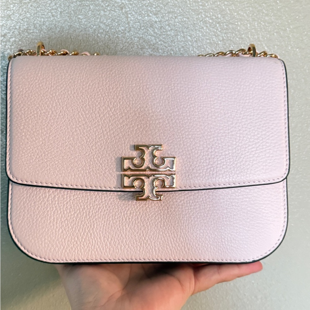 Tory Burch Pale Pink Pebbled Leather Crossbody with Gold Logo